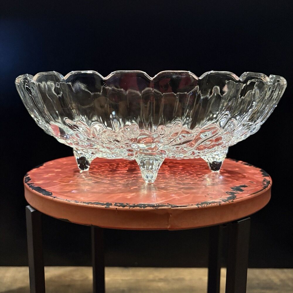 Vintage Clear Pressed Glass Footed Fruit Bowl Oval Scalloped 12” Serving Bowl
